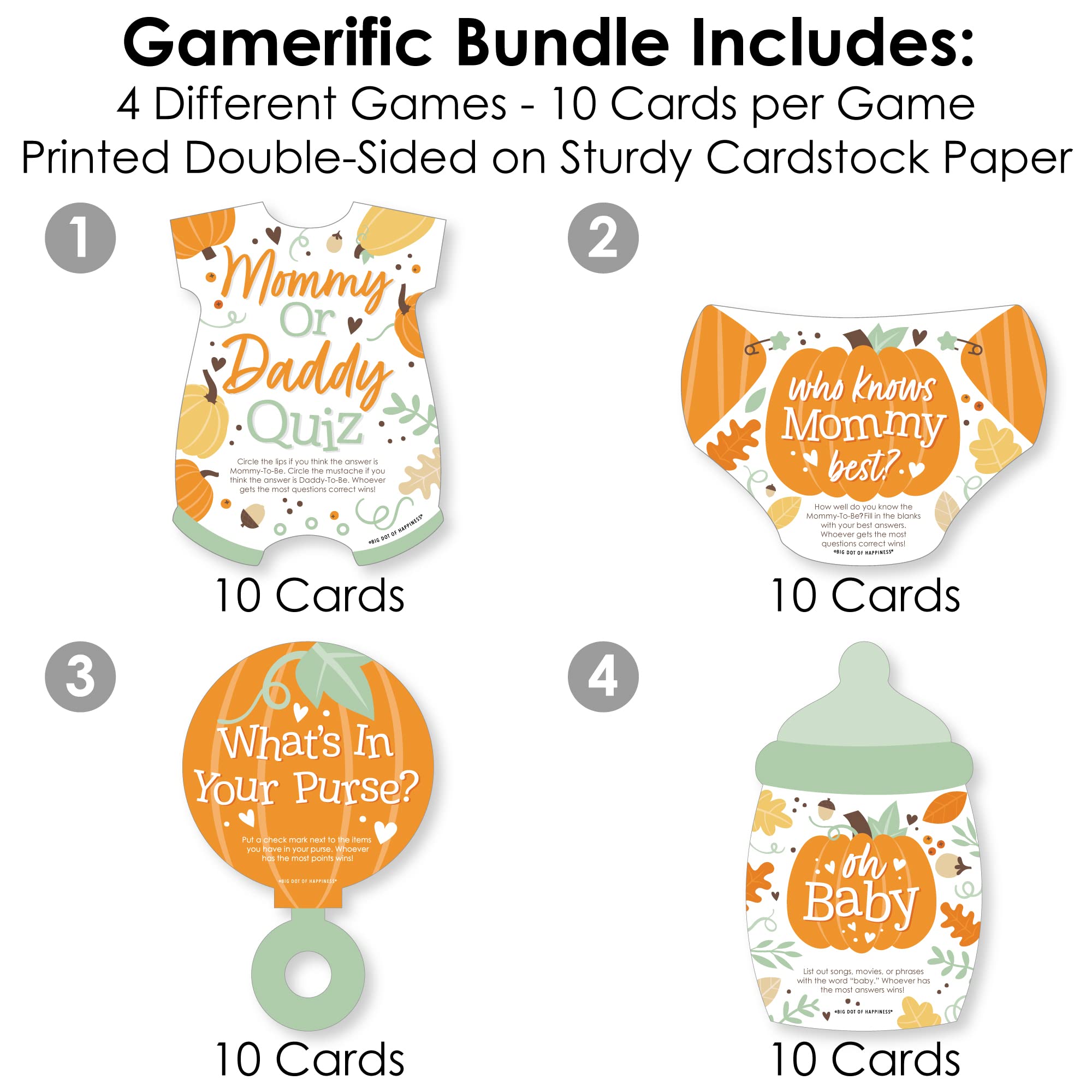 Big Dot Of Happiness Little Pumpkin Decorations, 4 Fall Baby Shower Games, 10 Cards Each - Who Knows Mommy Best, Mommy Or Daddy